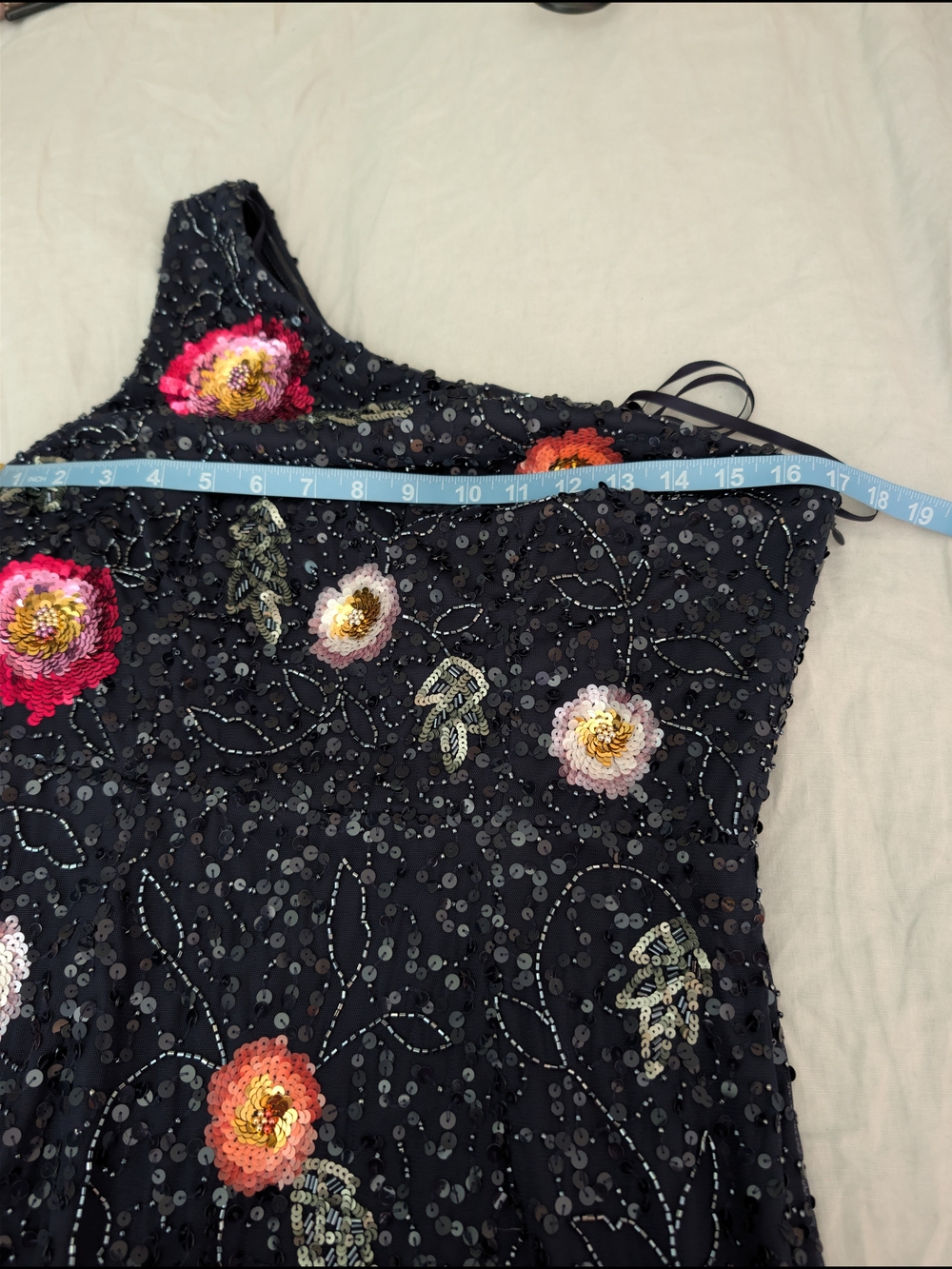 NWT Adrianna Papell One-Shoulder Floral Beaded Sequin Formal Gown Navy Size 8 - Picture 7 of 9